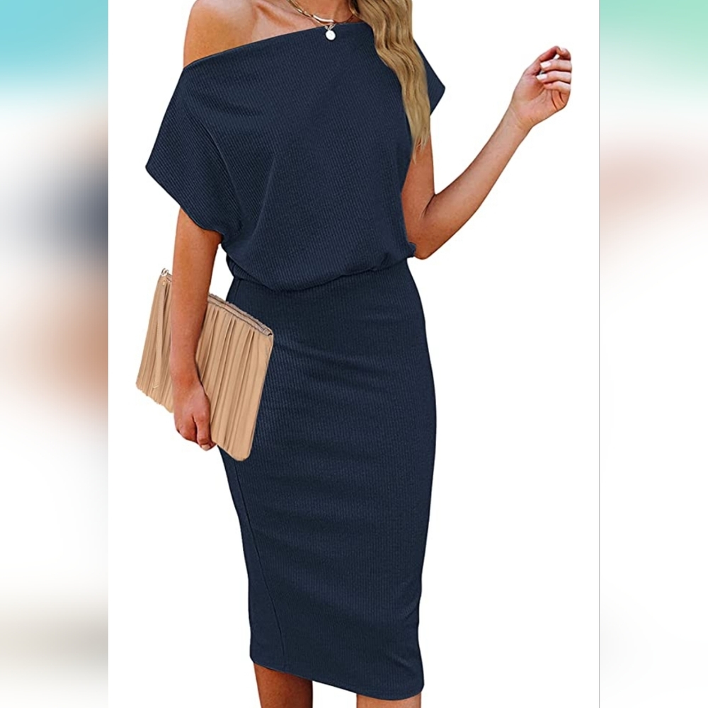 MEROKEETY Women's Off The Shoulder Short Sleeve Midi Dress Ribbed Bodycon